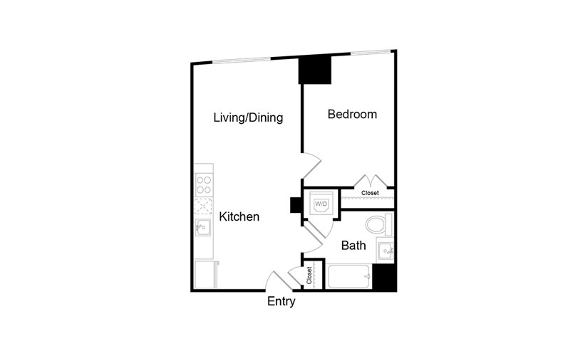 A2 - 1 bedroom floorplan layout with 1 bathroom and 588 square feet
