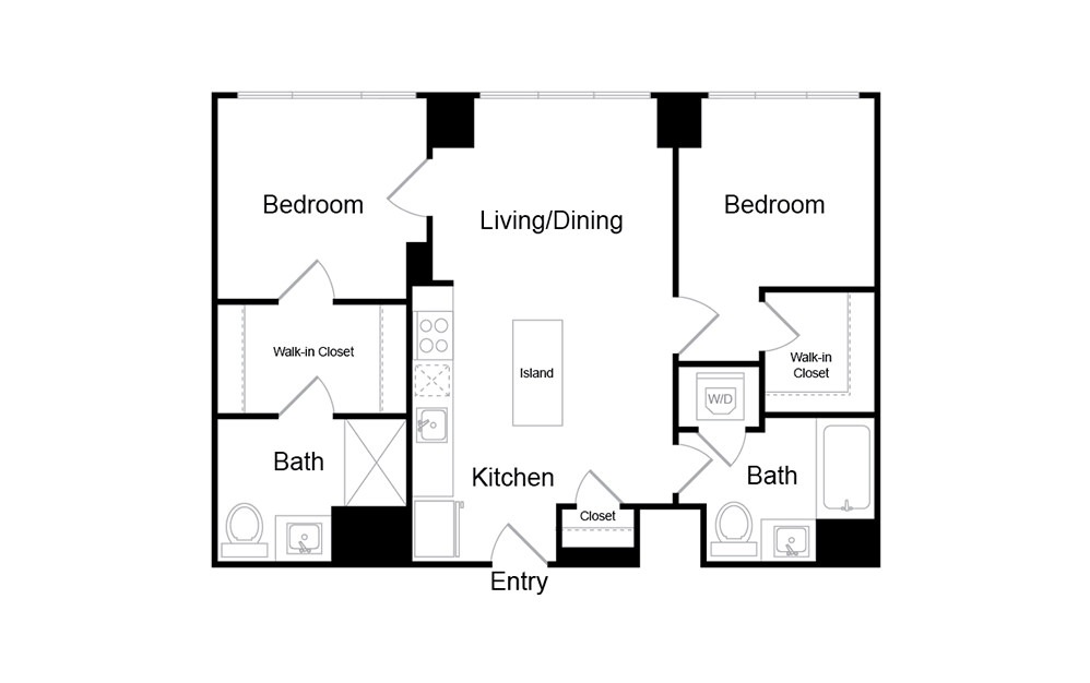 B14 - 2 bedroom floorplan layout with 2 baths and 828 square feet. B14 - 2 bedroom floorplan layout with 2 baths and 828 square feet.