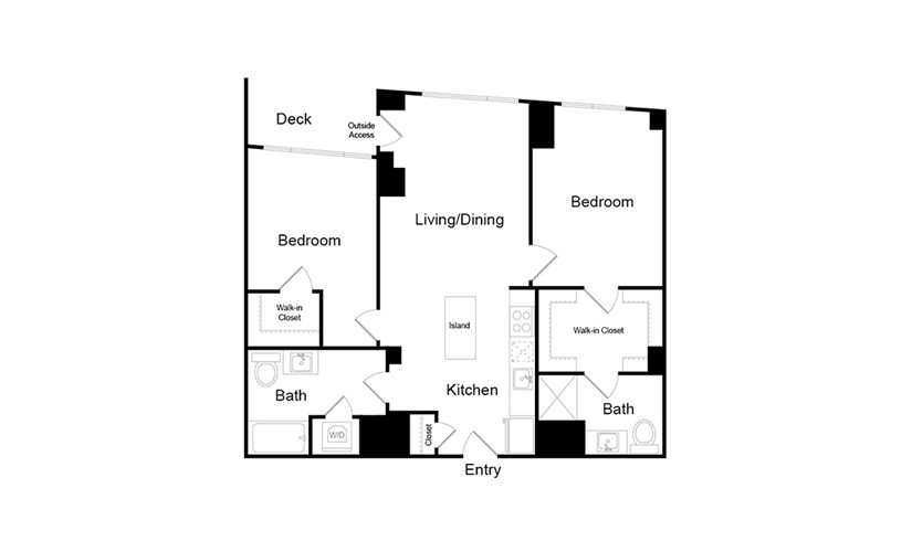 B1 - 2 bedroom floorplan layout with 2 bathrooms and 1002 square feet