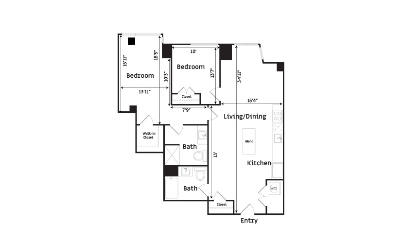B4.1 - 2 bedroom floorplan layout with 2 bathrooms and 1030 square feet